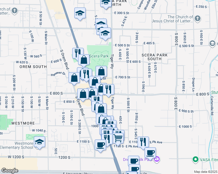 map of restaurants, bars, coffee shops, grocery stores, and more near 407 East 800 South in Orem