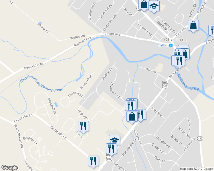 map of restaurants, bars, coffee shops, grocery stores, and more near 43 Deerpath Road in Chalfont