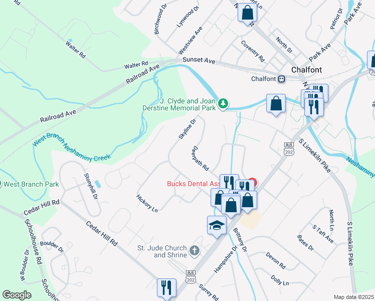 map of restaurants, bars, coffee shops, grocery stores, and more near 43 Deerpath Road in Chalfont
