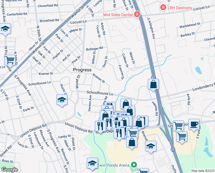 map of restaurants, bars, coffee shops, grocery stores, and more near 517 William Avenue in Harrisburg