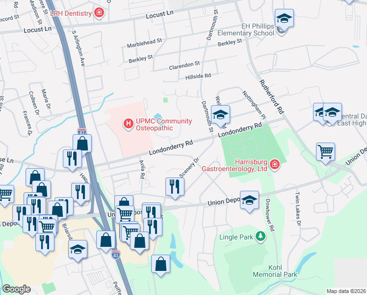 map of restaurants, bars, coffee shops, grocery stores, and more near 917 Lakewood Drive in Harrisburg