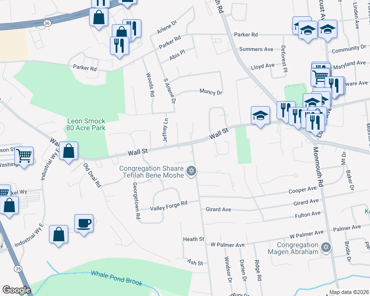 map of restaurants, bars, coffee shops, grocery stores, and more near 6 Old Queens Court in Eatontown