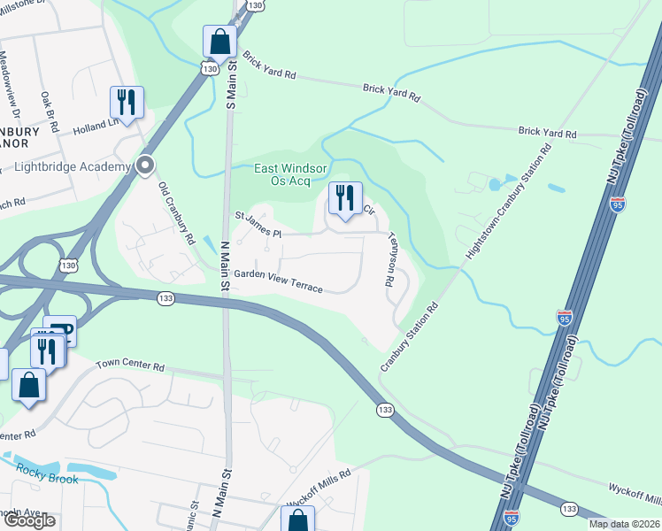 map of restaurants, bars, coffee shops, grocery stores, and more near 47 Garden View Terrace in East Windsor