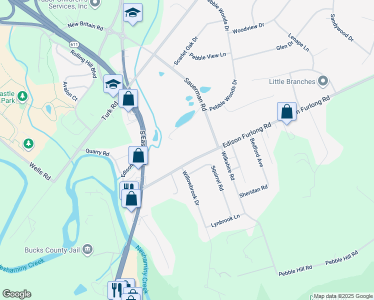 map of restaurants, bars, coffee shops, grocery stores, and more near 166 Edison Furlong Road in Doylestown