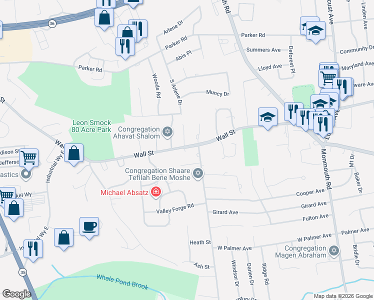 map of restaurants, bars, coffee shops, grocery stores, and more near 18 Old Queens Court in Eatontown