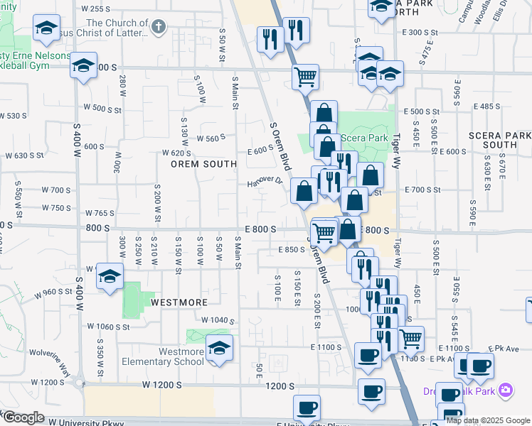 map of restaurants, bars, coffee shops, grocery stores, and more near 101 East 800 South in Orem