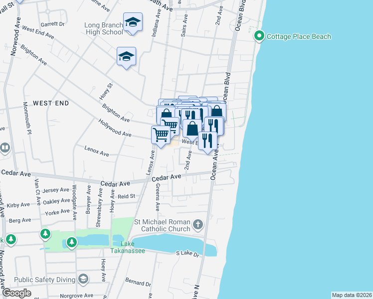 map of restaurants, bars, coffee shops, grocery stores, and more near 680 2nd Avenue in Long Branch