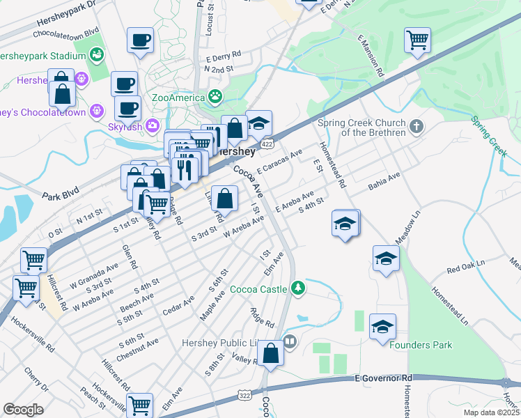 map of restaurants, bars, coffee shops, grocery stores, and more near 314 I Street in Hershey