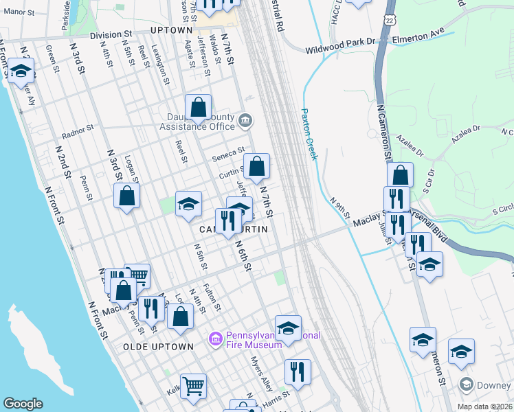 map of restaurants, bars, coffee shops, grocery stores, and more near 626 Woodbine Street in Harrisburg