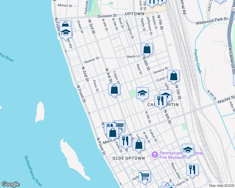 map of restaurants, bars, coffee shops, grocery stores, and more near 2300 North 3rd Street in Harrisburg