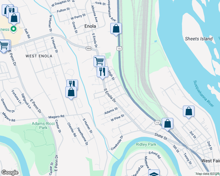 map of restaurants, bars, coffee shops, grocery stores, and more near 242 South Enola Drive in Enola