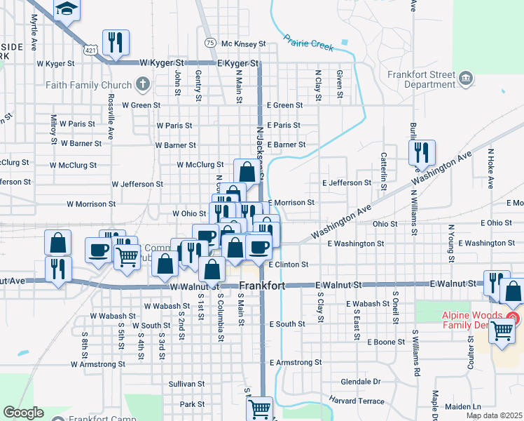 map of restaurants, bars, coffee shops, grocery stores, and more near 258 North Jackson Street in Frankfort