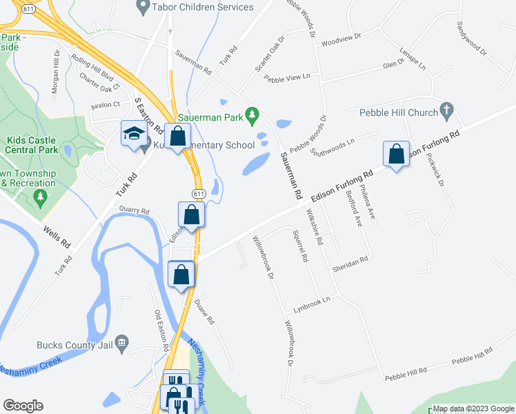 map of restaurants, bars, coffee shops, grocery stores, and more near 166 Edison Furlong Road in Doylestown