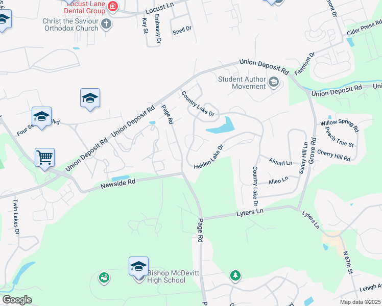 map of restaurants, bars, coffee shops, grocery stores, and more near 1001 Wooded Pond Drive in Harrisburg