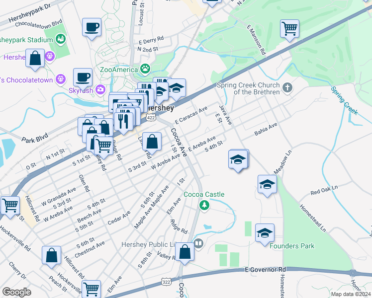 map of restaurants, bars, coffee shops, grocery stores, and more near 227 Cocoa Avenue in Hershey