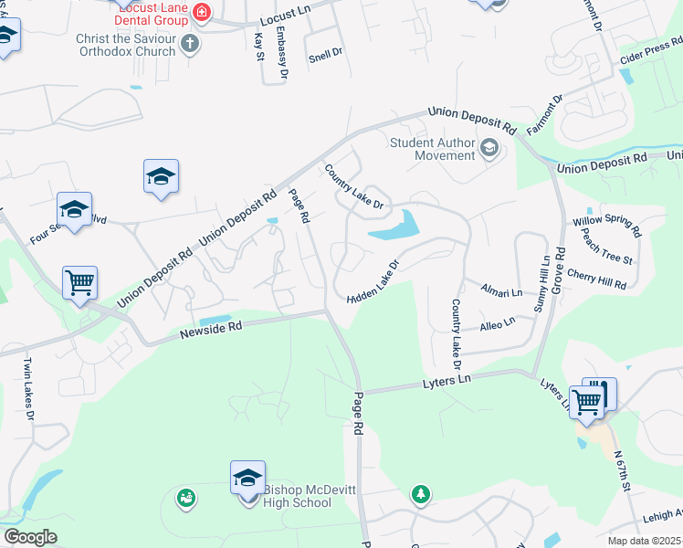 map of restaurants, bars, coffee shops, grocery stores, and more near 1001 Wooded Pond Drive in Harrisburg