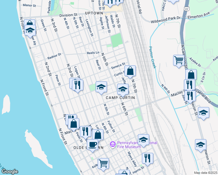map of restaurants, bars, coffee shops, grocery stores, and more near 525 Emerald Street in Harrisburg