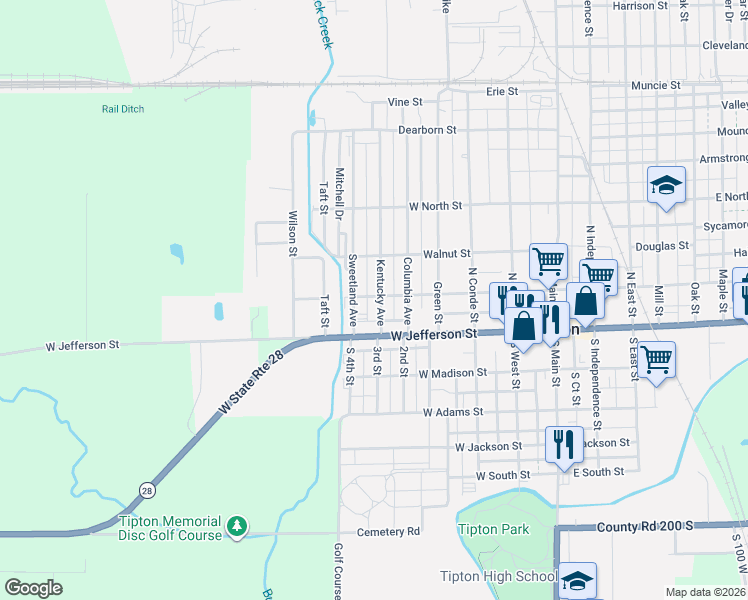 map of restaurants, bars, coffee shops, grocery stores, and more near 106 Kentucky Avenue in Tipton