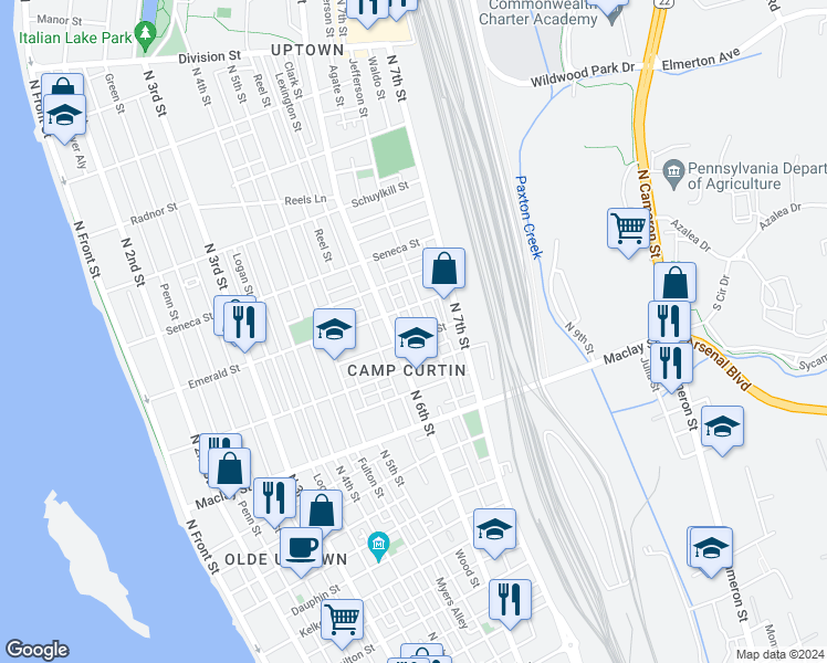 map of restaurants, bars, coffee shops, grocery stores, and more near 624 Camp Street in Harrisburg