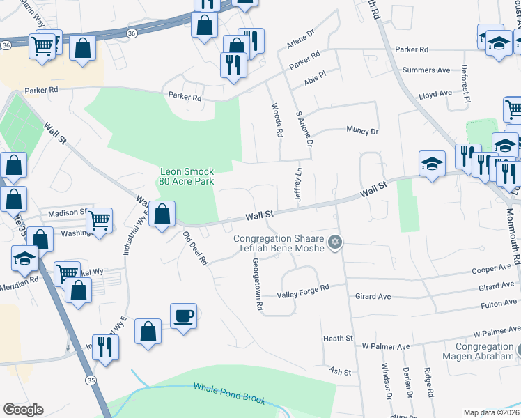 map of restaurants, bars, coffee shops, grocery stores, and more near 460 Wall Street in Eatontown