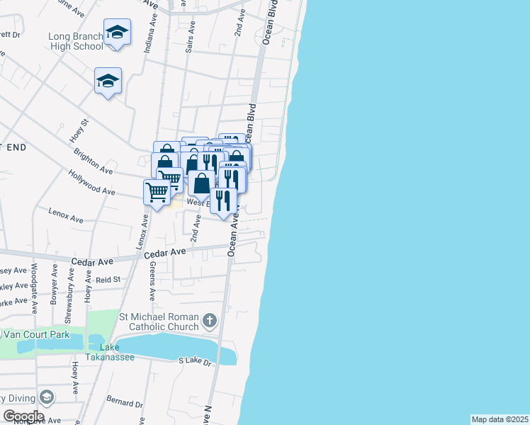 map of restaurants, bars, coffee shops, grocery stores, and more near 675 Ocean Avenue in Long Branch