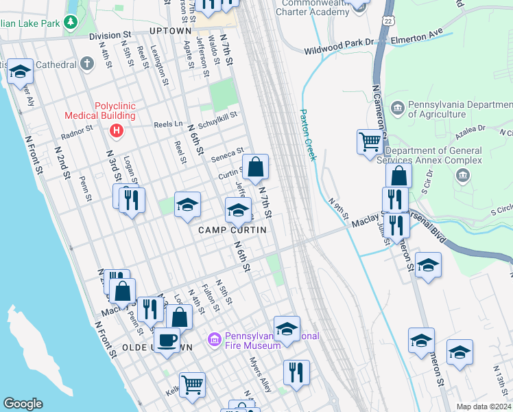 map of restaurants, bars, coffee shops, grocery stores, and more near 645 Camp Street in Harrisburg