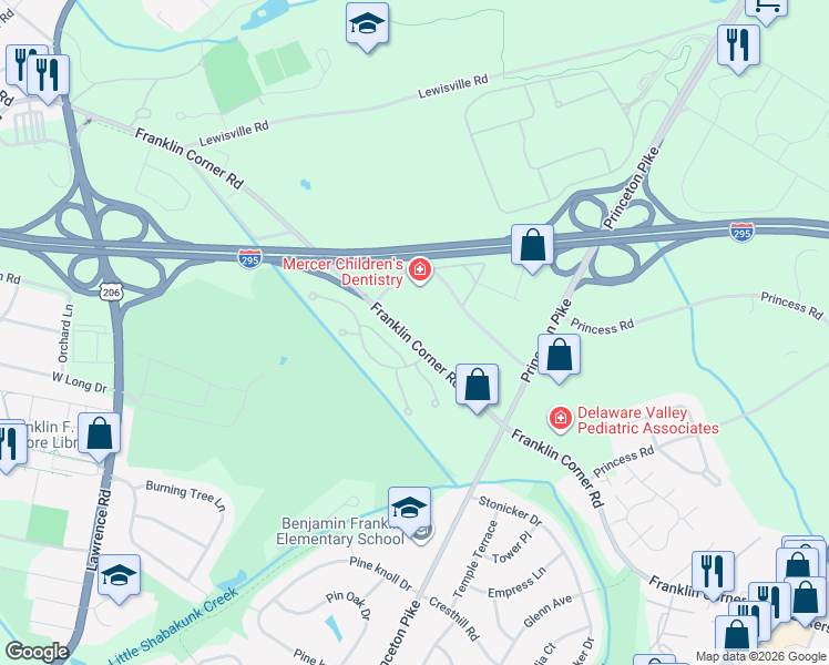 map of restaurants, bars, coffee shops, grocery stores, and more near 4A Executive Park Plaza Road in Lawrence Township