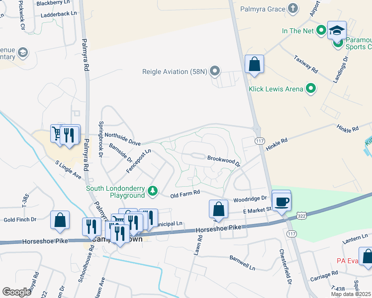 map of restaurants, bars, coffee shops, grocery stores, and more near 191 North Village Circle in Palmyra