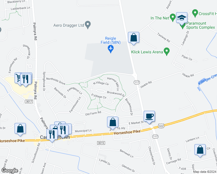 map of restaurants, bars, coffee shops, grocery stores, and more near 51 North Village Circle in Palmyra