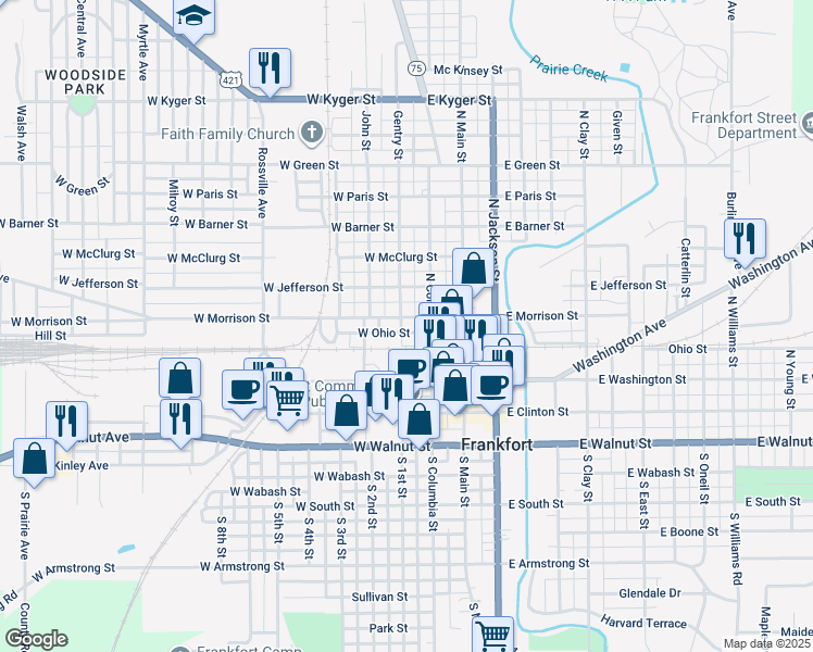 map of restaurants, bars, coffee shops, grocery stores, and more near 453 Gentry Street in Frankfort