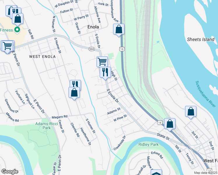 map of restaurants, bars, coffee shops, grocery stores, and more near 208 South Enola Drive in Enola