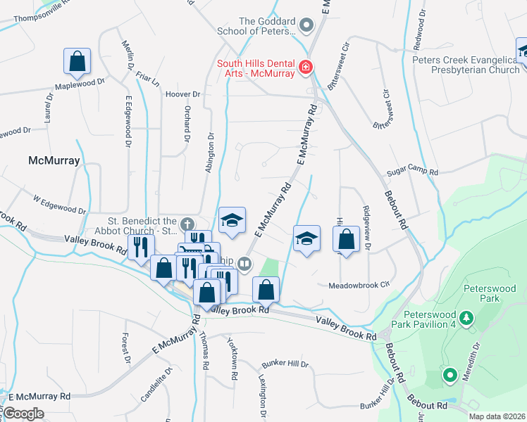 map of restaurants, bars, coffee shops, grocery stores, and more near 115 Wallace Drive in McMurray
