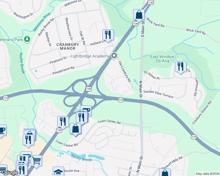 map of restaurants, bars, coffee shops, grocery stores, and more near 6 Stuyvesant Court in East Windsor