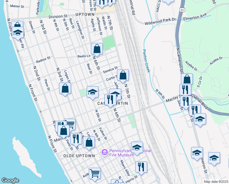map of restaurants, bars, coffee shops, grocery stores, and more near 626 Camp Street in Harrisburg