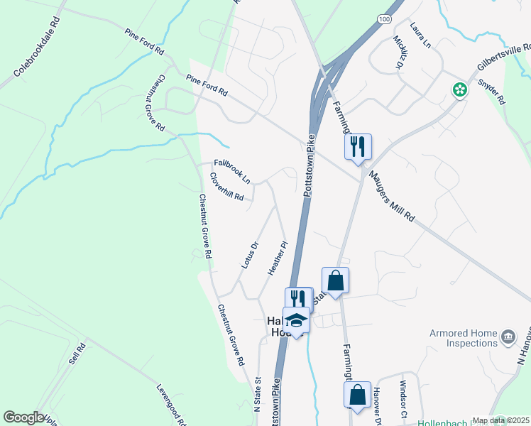 map of restaurants, bars, coffee shops, grocery stores, and more near 1505 Lotus Drive in Pottstown
