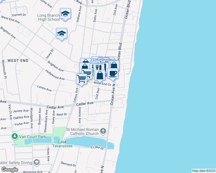 map of restaurants, bars, coffee shops, grocery stores, and more near 10 West End Court in Long Branch
