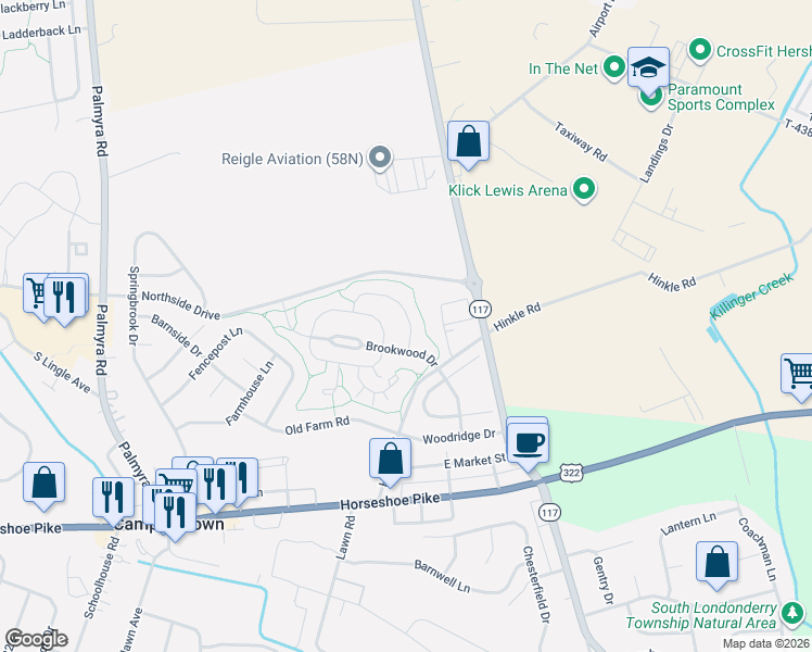 map of restaurants, bars, coffee shops, grocery stores, and more near 79 Harvest Mill Lane in Palmyra