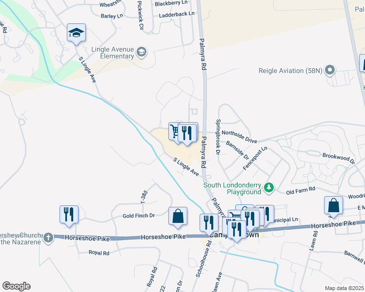 map of restaurants, bars, coffee shops, grocery stores, and more near 110 Northside Drive in Palmyra