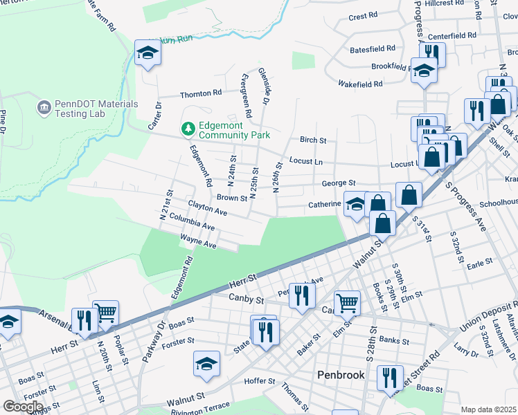 map of restaurants, bars, coffee shops, grocery stores, and more near 2515 George Street in Harrisburg