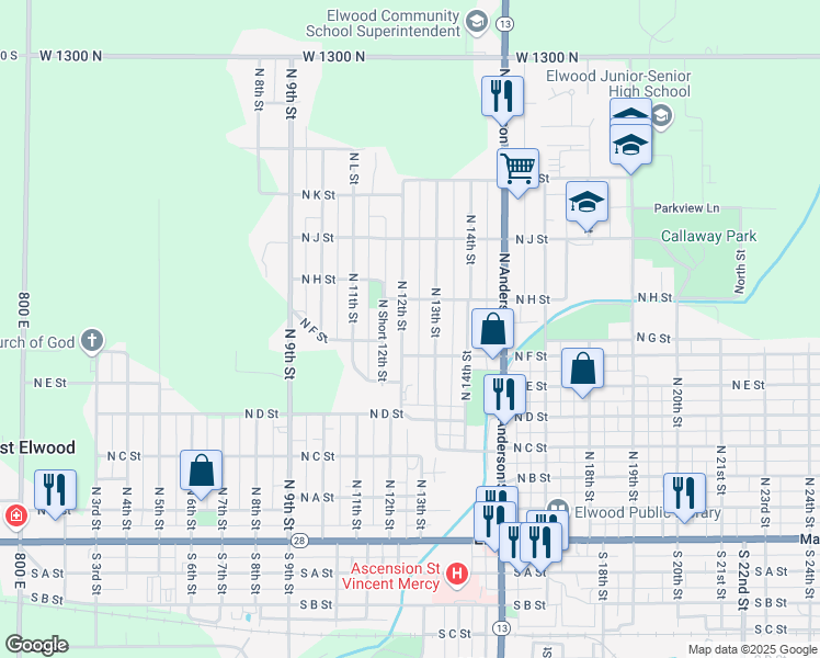 map of restaurants, bars, coffee shops, grocery stores, and more near 740 North 13th Street in Elwood