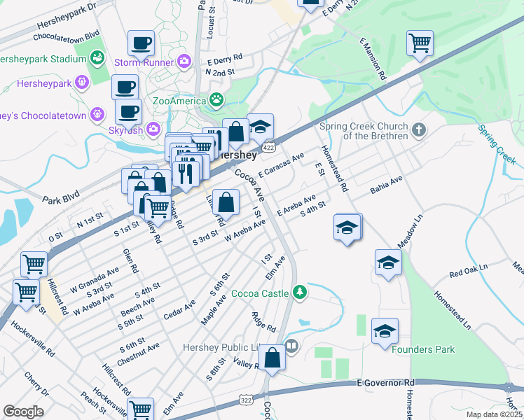 map of restaurants, bars, coffee shops, grocery stores, and more near 218 Cocoa Avenue in Hershey
