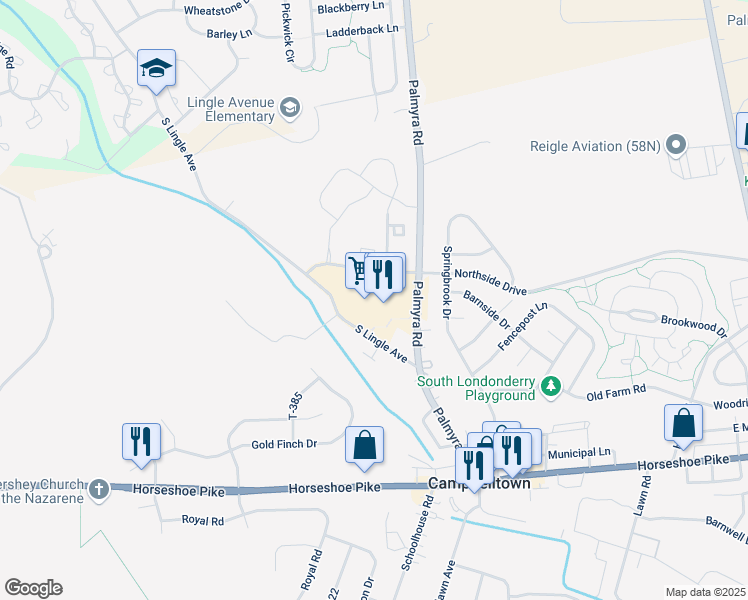 map of restaurants, bars, coffee shops, grocery stores, and more near 110 Northside Cmns in Palmyra