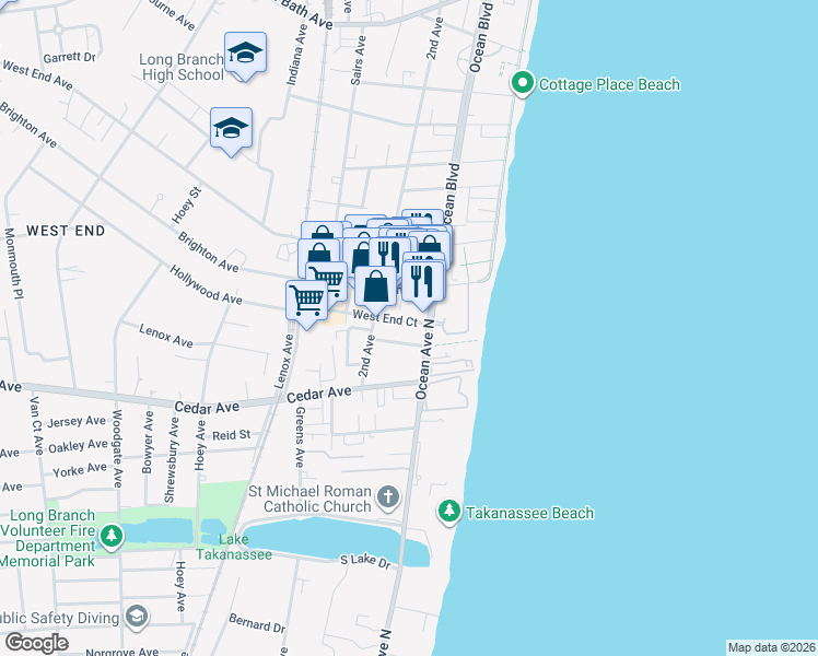 map of restaurants, bars, coffee shops, grocery stores, and more near 616 Ocean Avenue in Long Branch