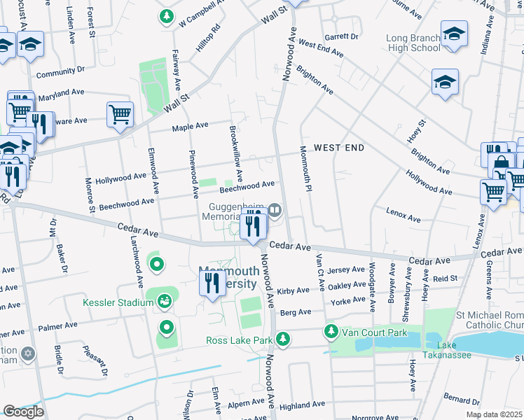 map of restaurants, bars, coffee shops, grocery stores, and more near 16 Beechwood Avenue in West Long Branch