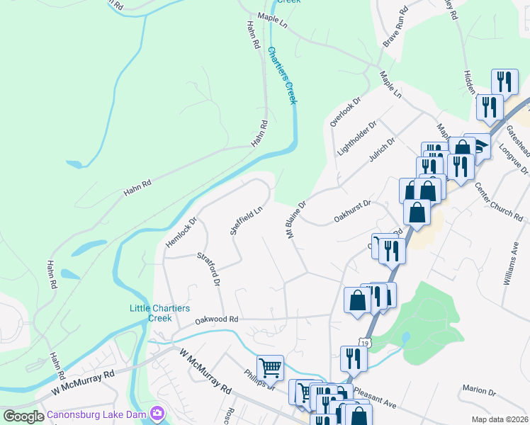 map of restaurants, bars, coffee shops, grocery stores, and more near 137 Sheffield Lane in McMurray