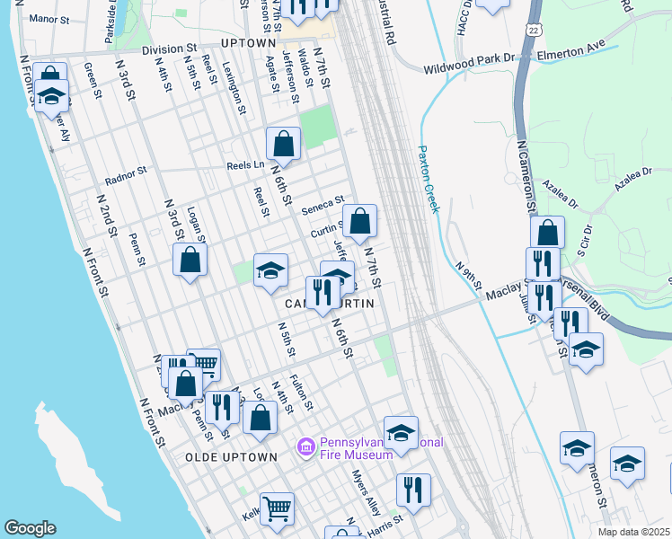 map of restaurants, bars, coffee shops, grocery stores, and more near 626 Camp Street in Harrisburg