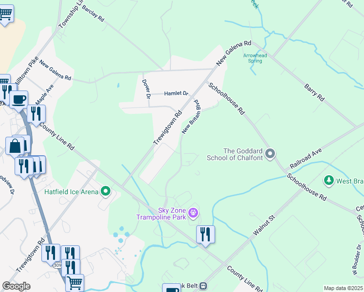 map of restaurants, bars, coffee shops, grocery stores, and more near 124 Cambridge Place in Chalfont