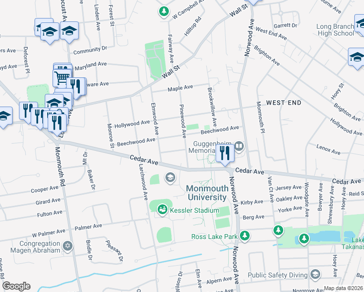 map of restaurants, bars, coffee shops, grocery stores, and more near 68 Pinewood Avenue in West Long Branch