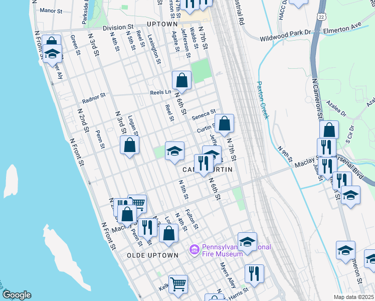 map of restaurants, bars, coffee shops, grocery stores, and more near 525 Emerald Street in Harrisburg