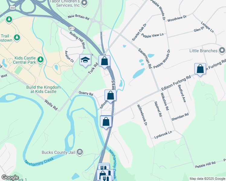map of restaurants, bars, coffee shops, grocery stores, and more near 1836 South Easton Road in Doylestown